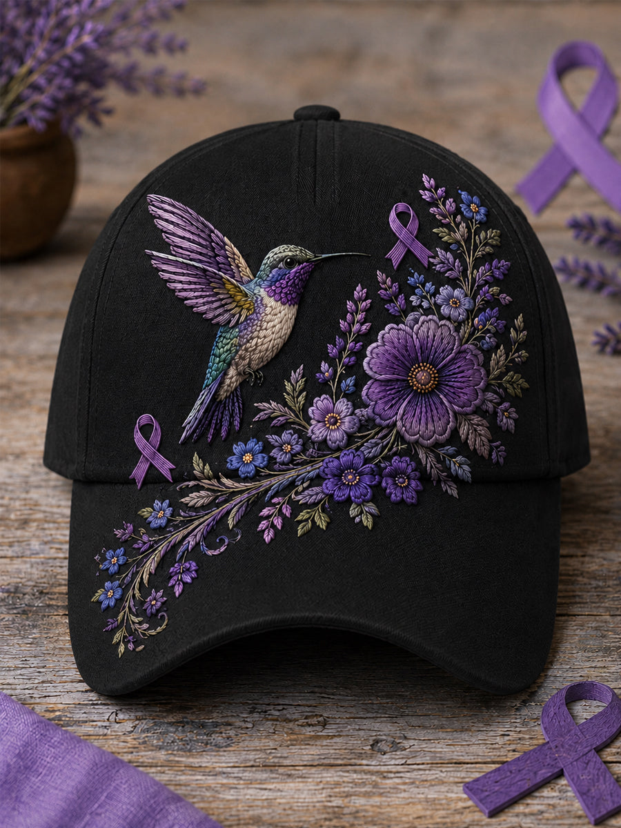 Unisex Purple Floral & Hummingbird Print Alzheimer's Awareness Support Hat gracestitchs