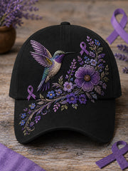 Unisex Purple Floral & Hummingbird Print Alzheimer's Awareness Support Hat gracestitchs
