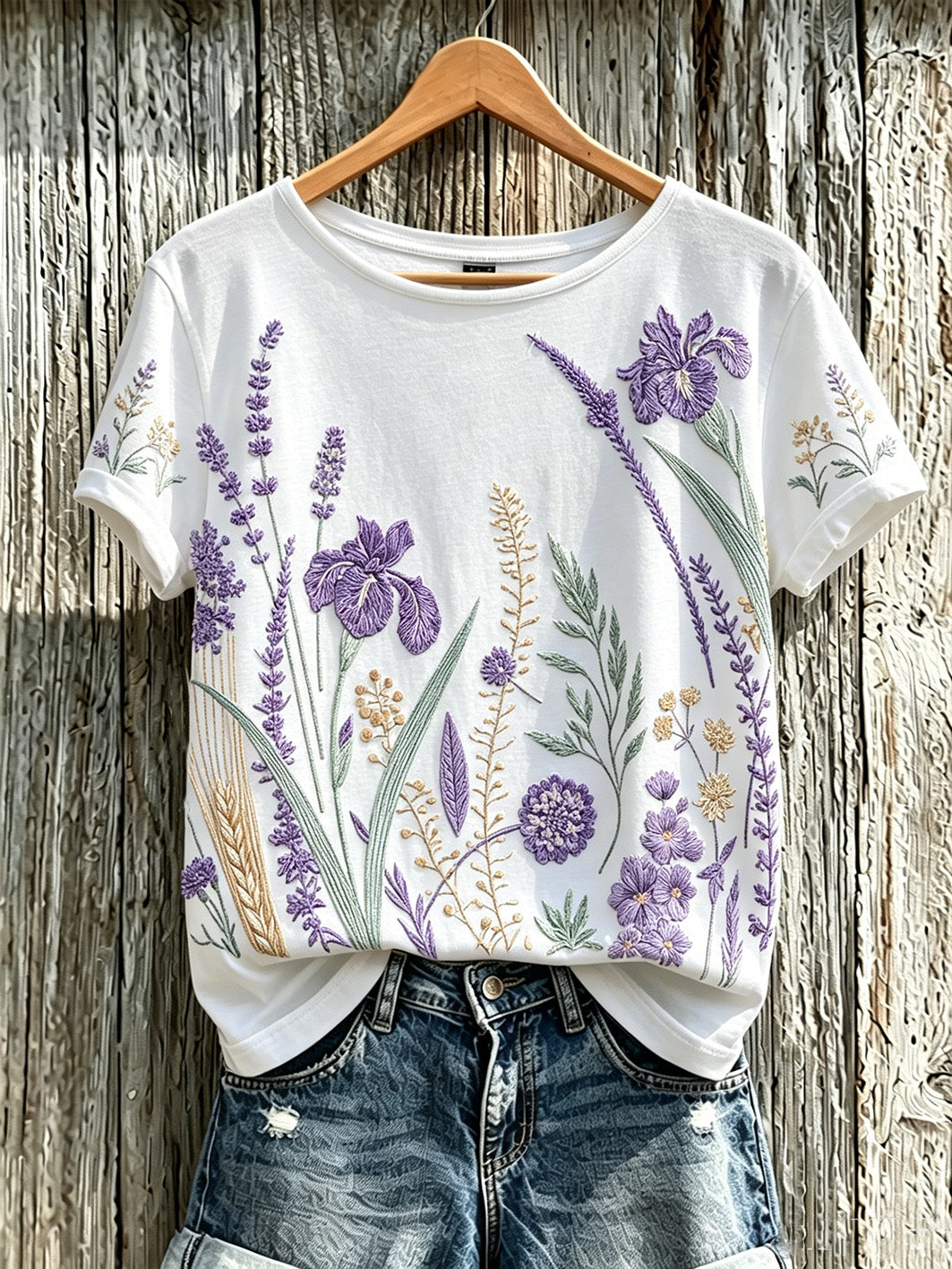 Women's purple plant flower pattern printed casual T-shirt gracestitchs