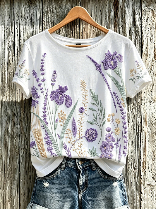 Women's purple plant flower pattern printed casual T-shirt gracestitchs