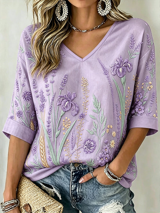 Women's Purple Plant Pattern Printed Mid-length Sleeves V-Neck T-Shirt gracestitchs