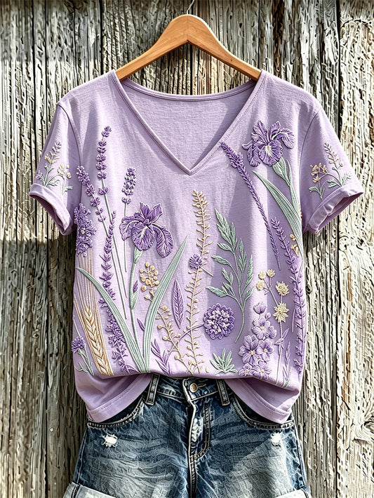 Women's purple plant flower pattern printed casual T-shirt gracestitchs