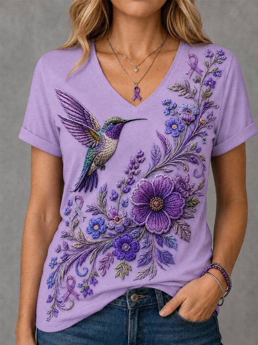 Women's Purple Floral & Hummingbird Print Alzheimer's Awareness Support V-Neck Tee gracestitchs