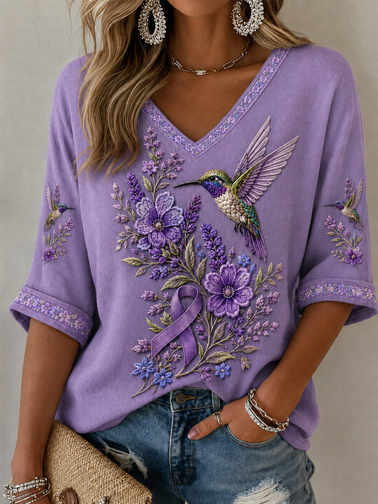 Women's Purple Floral & Hummingbird Print Alzheimer's Awareness Support Half-Sleeves V-Neck T-Shirt gracestitchs