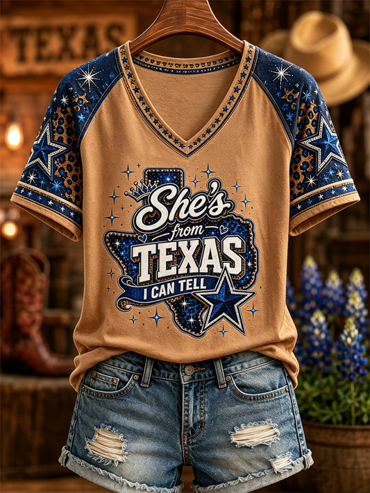 Women's She's From Texas I Can Tell Print Casual V-Neck Tee gracestitchs
