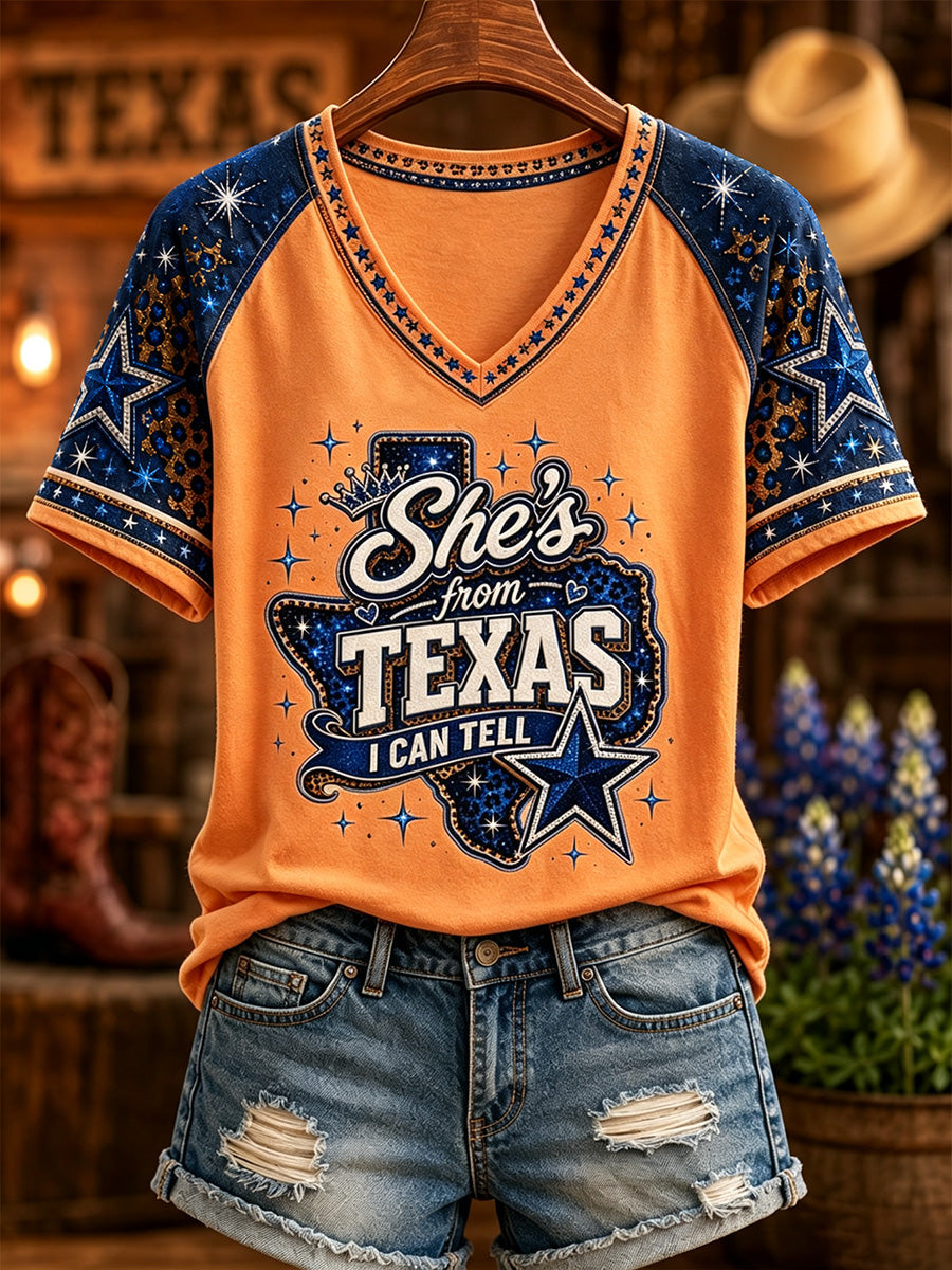Women's She's From Texas I Can Tell Print Casual V-Neck Tee gracestitchs