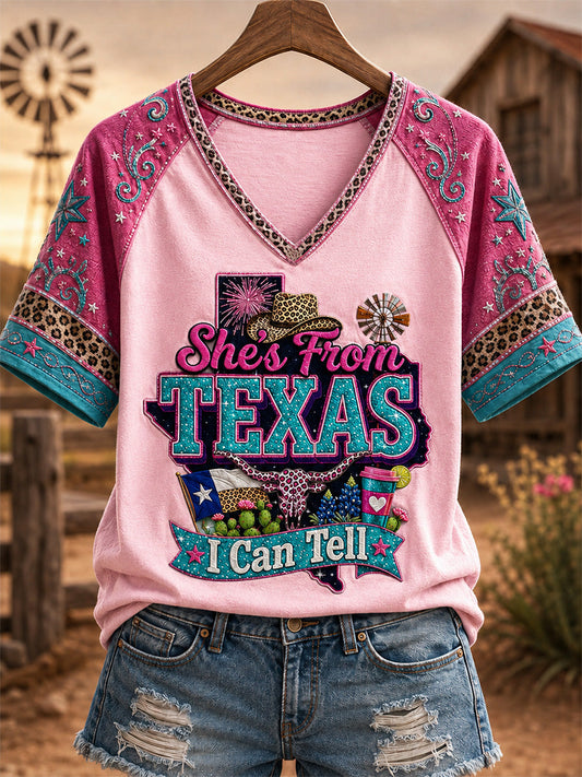 Women's She's From Texas I Can Tell Print Casual V-Neck Tee gracestitchs