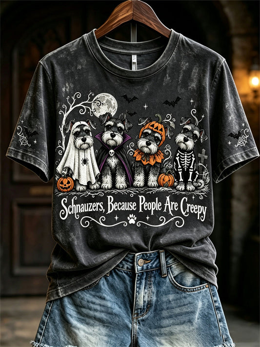 Women's Schnauzers Because People Are Creepy Halloween Dogs Print short-sleeved T-shirt gracestitchs
