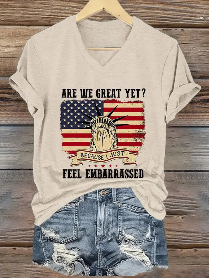 Women's Are We Great Yet? Print V-Neck T-Shirt - gracestitchs