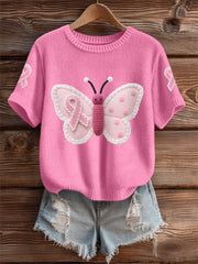 Women's Pink Butterfly Pink Ribbon Breast Cancer Awareness Support Tee
