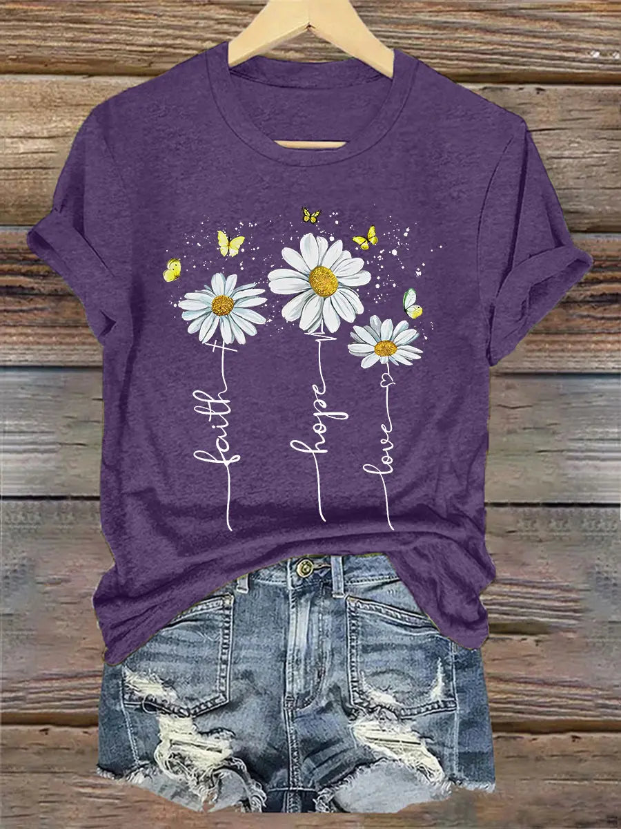 Women's Faith Hope Love Daisy Casual Tee - gracestitchs