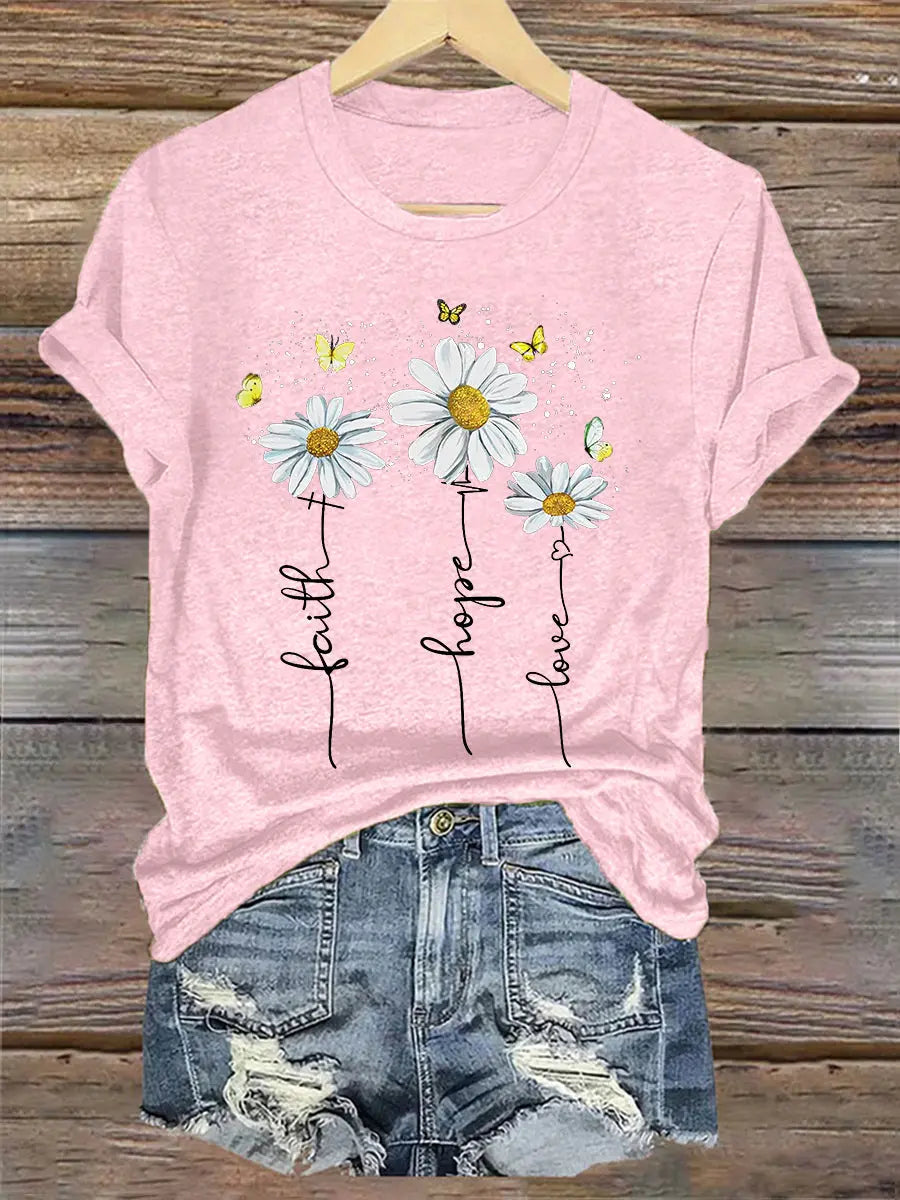 Women's Faith Hope Love Daisy Casual Tee - gracestitchs