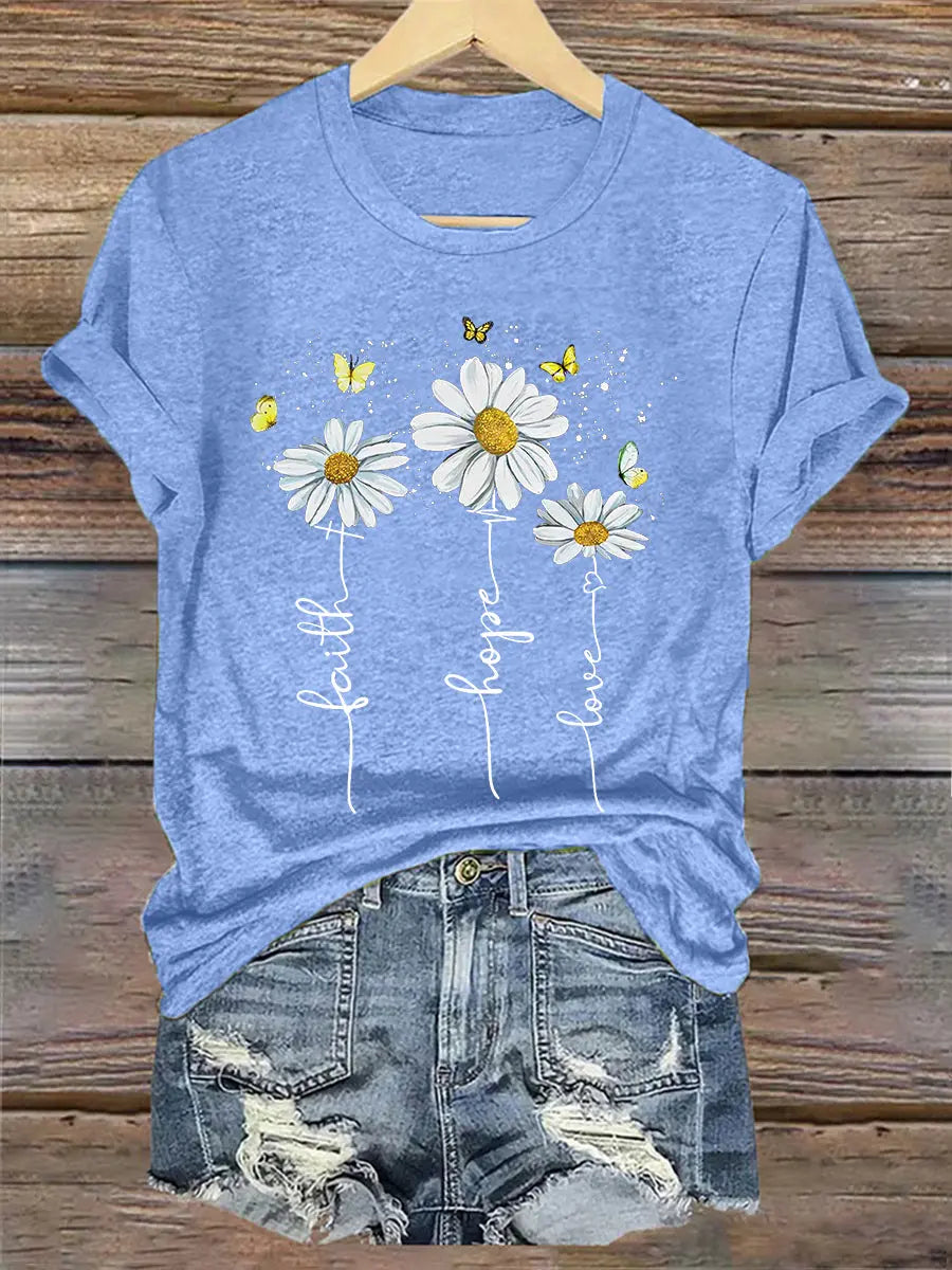 Women's Faith Hope Love Daisy Casual Tee - gracestitchs