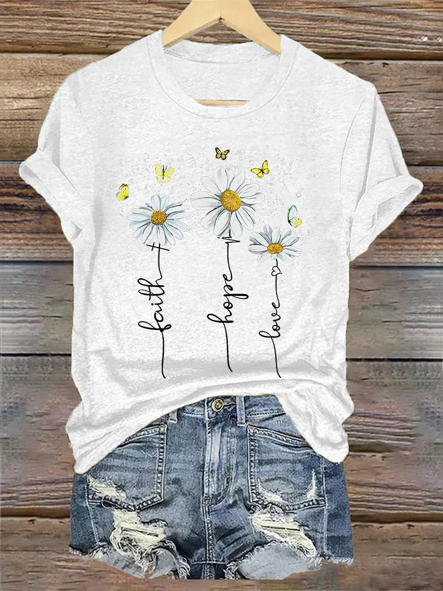 Women's Faith Hope Love Daisy Casual Tee - gracestitchs