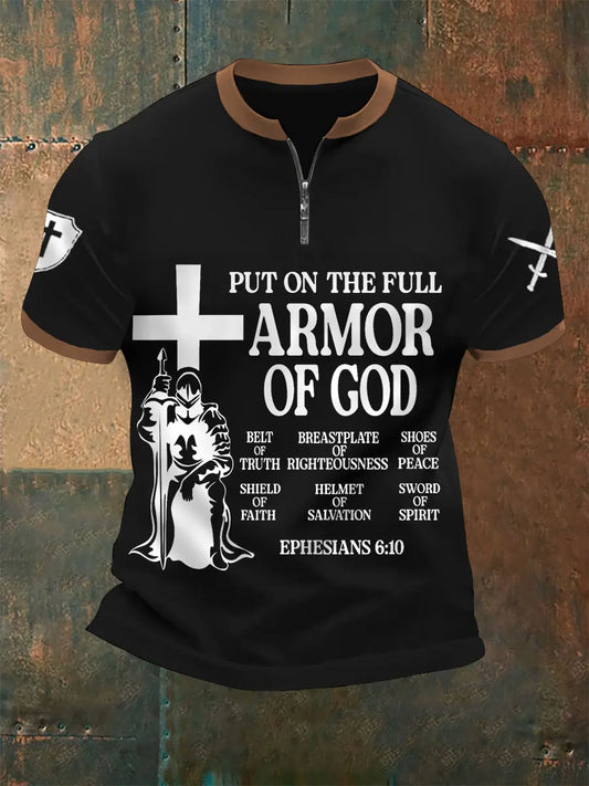 Men's Put On The Full Armor Of God Print Casual Zip Tee prairieply
