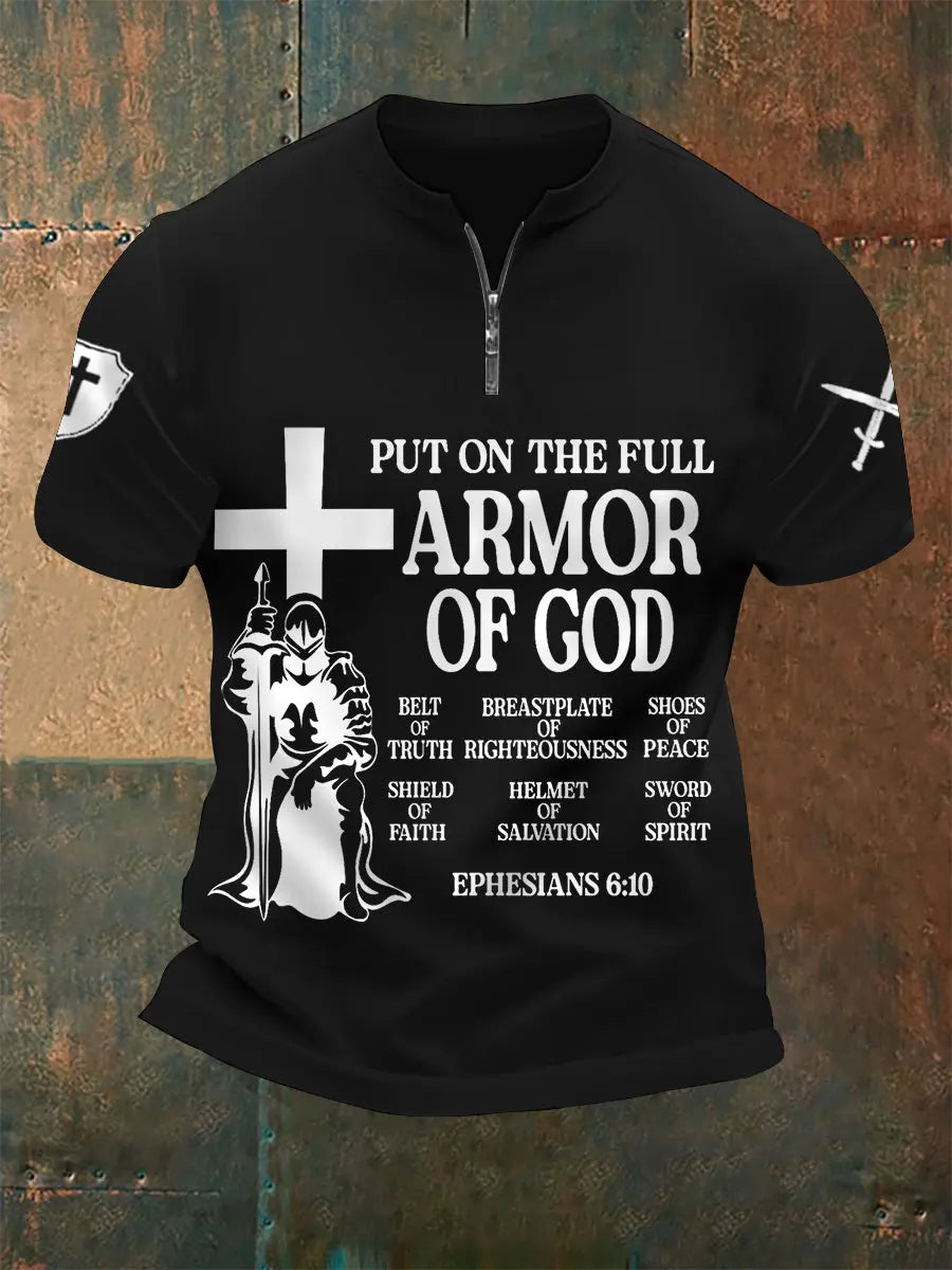 Men's Put On The Full Armor Of God Print Casual Zip Tee prairieply