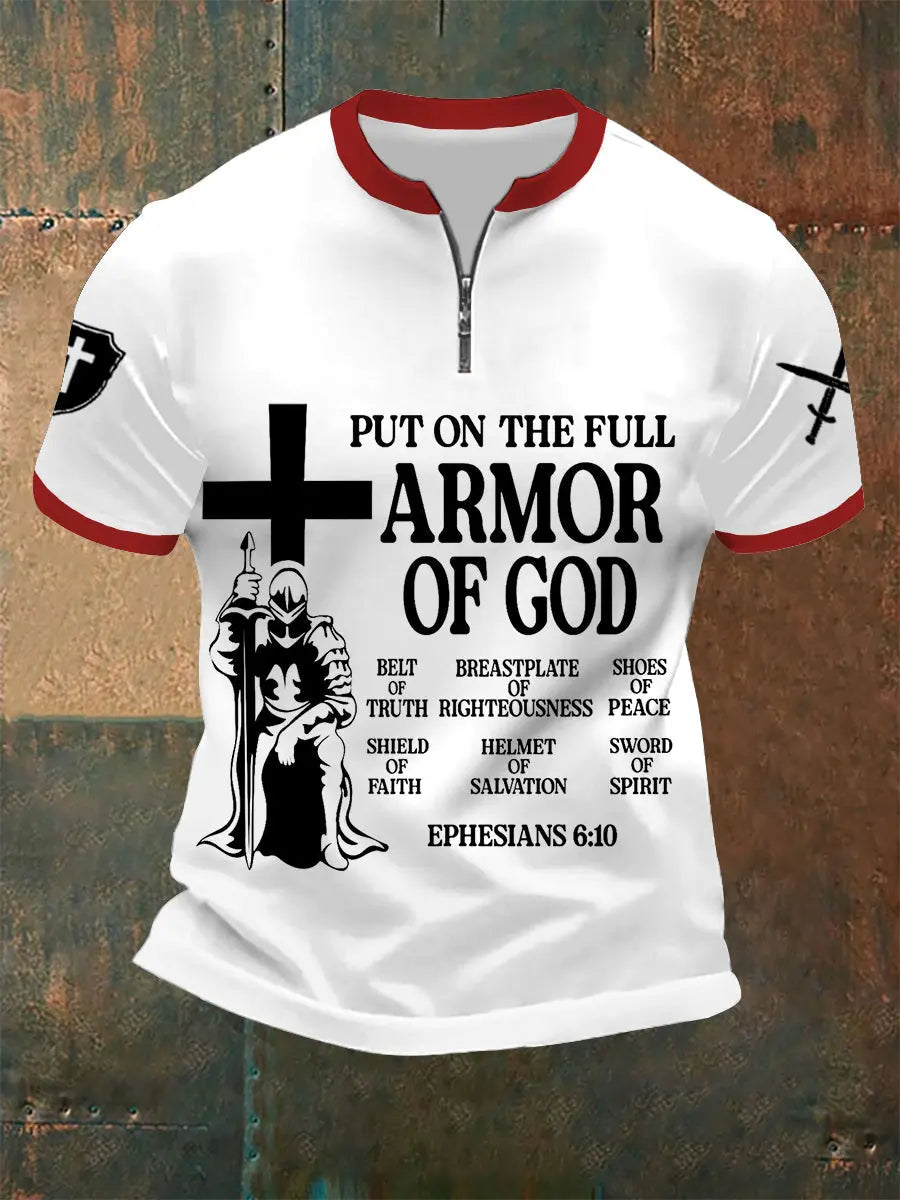Men's Put On The Full Armor Of God Print Casual Zip Tee prairieply