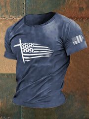 Men's Faith Cross America Flag Printed Short Sleeve T-Shirt prairieply