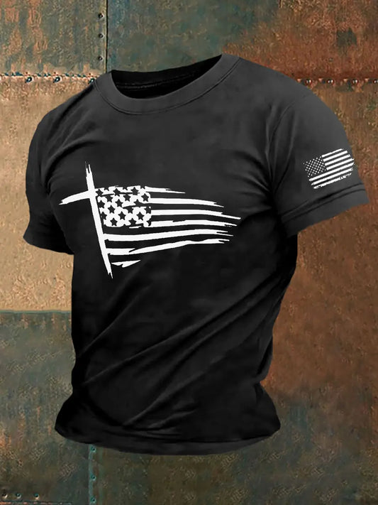 Men's Faith Cross America Flag Printed Short Sleeve T-Shirt prairieply