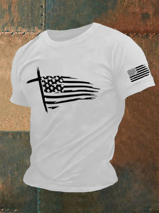 Men's Faith Cross America Flag Printed Short Sleeve T-Shirt prairieply