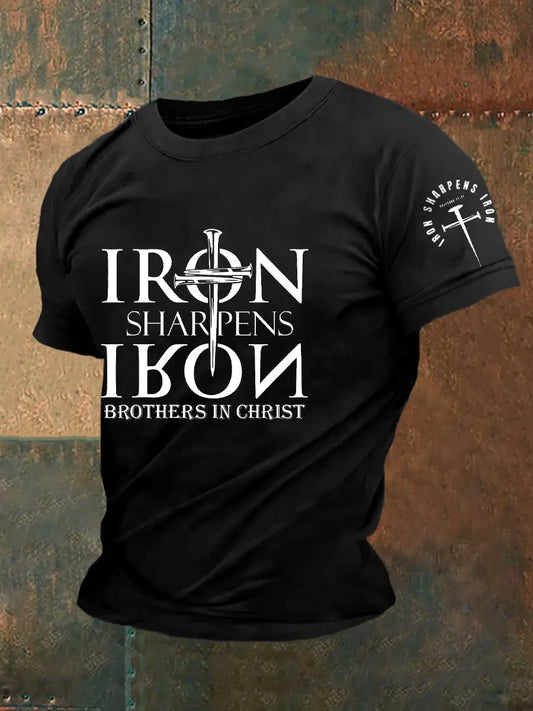 Men's Iron Sharpens Iron Faith Cross Printed Short-sleeved T-shirt - gracestitchs
