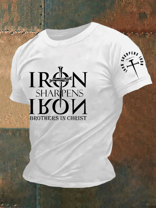 Men's Iron Sharpens Iron Faith Cross Printed Short-sleeved T-shirt - gracestitchs