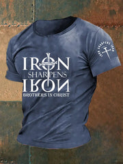 Men's Iron Sharpens Iron Faith Cross Printed Short-sleeved T-shirt - gracestitchs