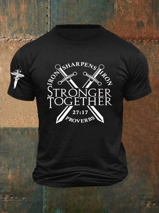 Men's Iron Sharpens Iron Faith Cross Printed Short-sleeved T-shirt - gracestitchs