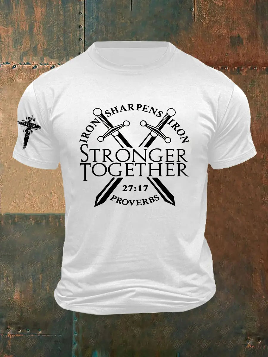 Men's Iron Sharpens Iron Faith Cross Printed Short-sleeved T-shirt - gracestitchs