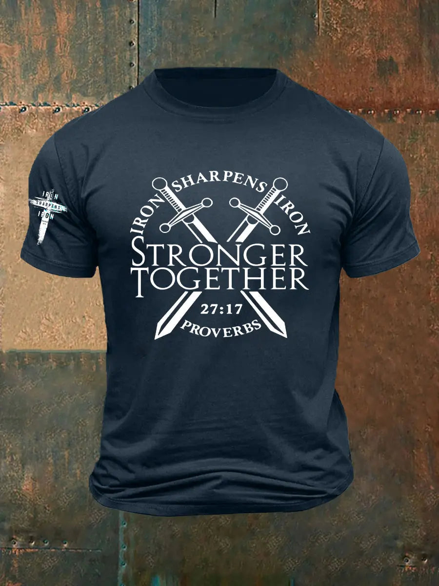 Men's Iron Sharpens Iron Faith Cross Printed Short-sleeved T-shirt - gracestitchs