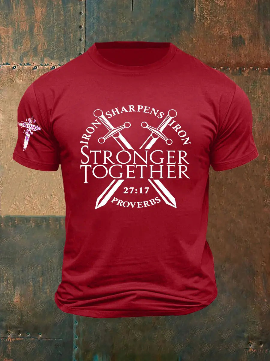 Men's Iron Sharpens Iron Faith Cross Printed Short-sleeved T-shirt - gracestitchs