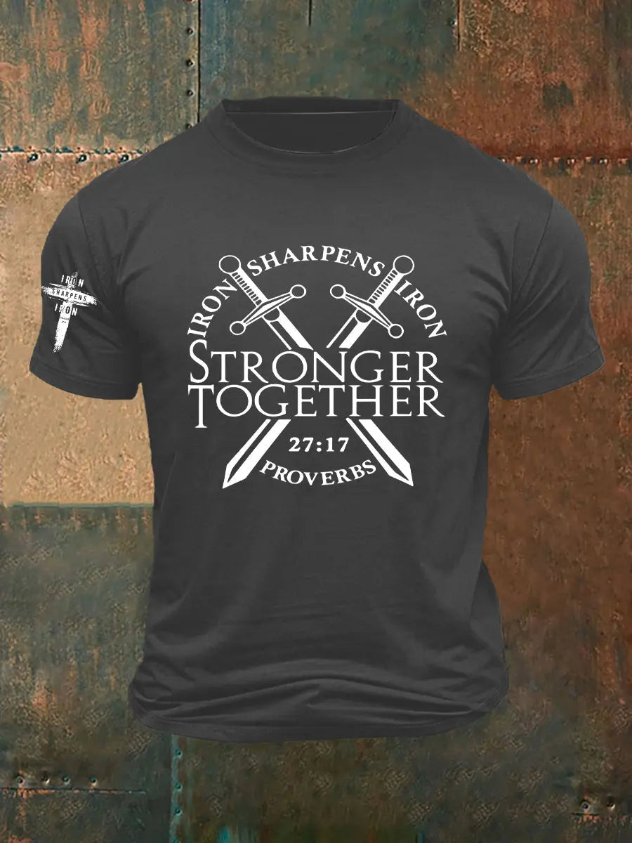 Men's Iron Sharpens Iron Faith Cross Printed Short-sleeved T-shirt - gracestitchs