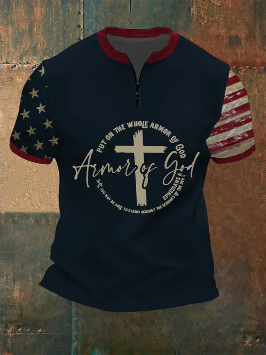 Men's Armor Of God Faith Cross Printed Casual  Zip Short Sleeve T-Shirt prairieply