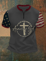 Men's Armor Of God Faith Cross Printed Casual  Zip Short Sleeve T-Shirt prairieply