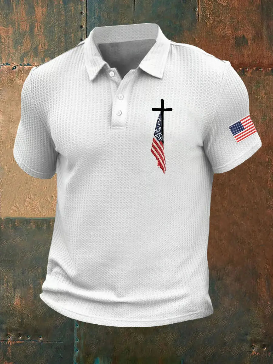 Men's Faith Cross America Flag Printed Waffle Short Sleeve POLO T-Shirt prairieply