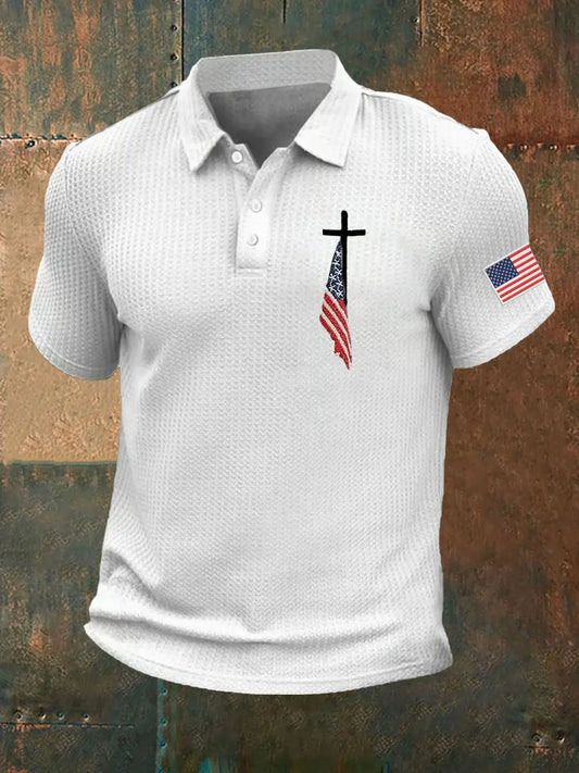 Men's Faith Cross America Flag Printed Waffle Short Sleeve POLO T-Shirt prairieply
