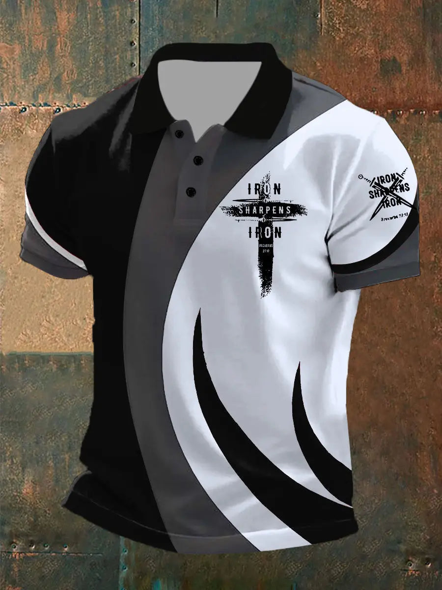 Men's Iron Sharpens Iron Faith Cross Printed Short-sleeved  POLO  T-shirt prairieply