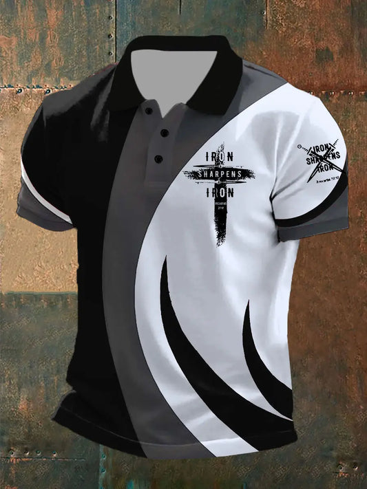 Men's Iron Sharpens Iron Faith Cross Printed Short-sleeved  POLO  T-shirt prairieply