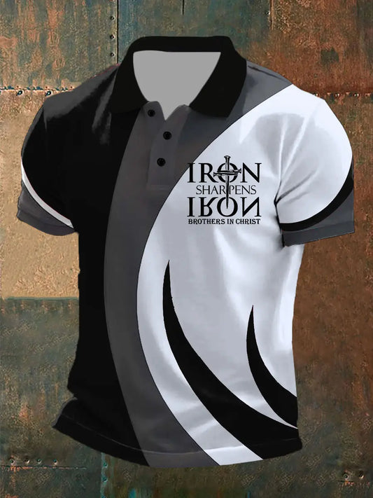Men's Iron Sharpens Iron Faith Cross Printed Short-sleeved POLO T-shirt prairieply