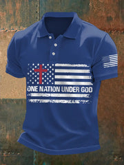 Men's One Nation Under God Cross Faith American Flag Print Casual Polo - gracestitchs