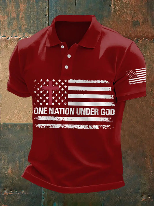Men's One Nation Under God Cross Faith American Flag Print Casual Polo - gracestitchs