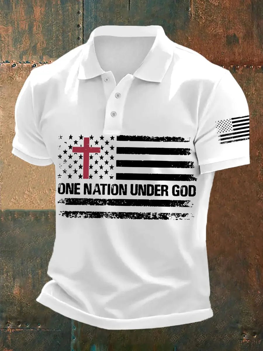 Men's One Nation Under God Cross Faith American Flag Print Casual Polo - gracestitchs