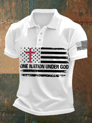 Men's One Nation Under God Cross Faith American Flag Print Casual Polo - gracestitchs