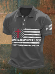 Men's One Nation Under God Cross Faith American Flag Print Casual Polo - gracestitchs