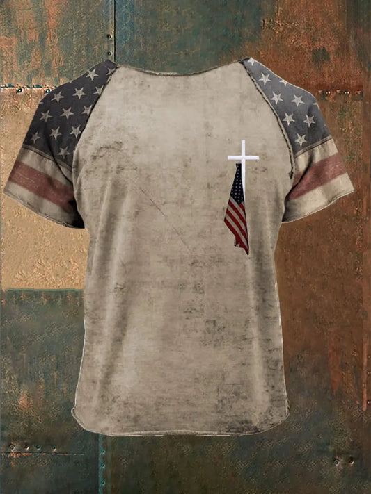 Men's Faith Cross Ameriac Flag Printed Casual Short Sleeves T-shirt prairieply