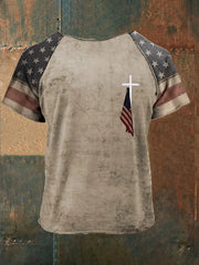 Men's Faith Cross Ameriac Flag Printed Casual Short Sleeves T-shirt prairieply