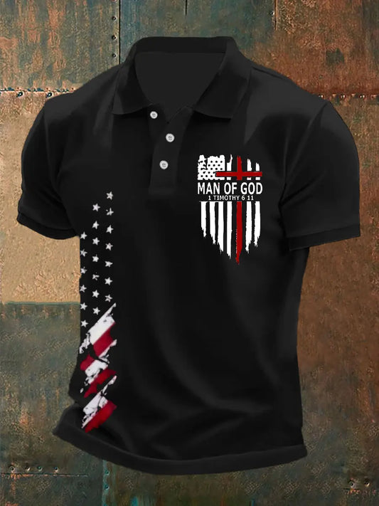 Men's Man Of God Cross America Flag Printed Short Sleeve POLO T-shirt prairieply