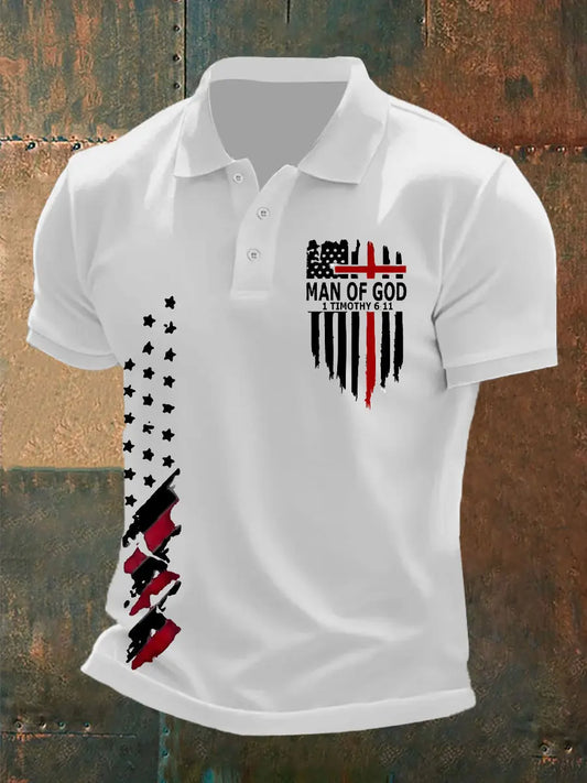 Men's Man Of God Cross America Flag Printed Short Sleeve POLO T-shirt prairieply