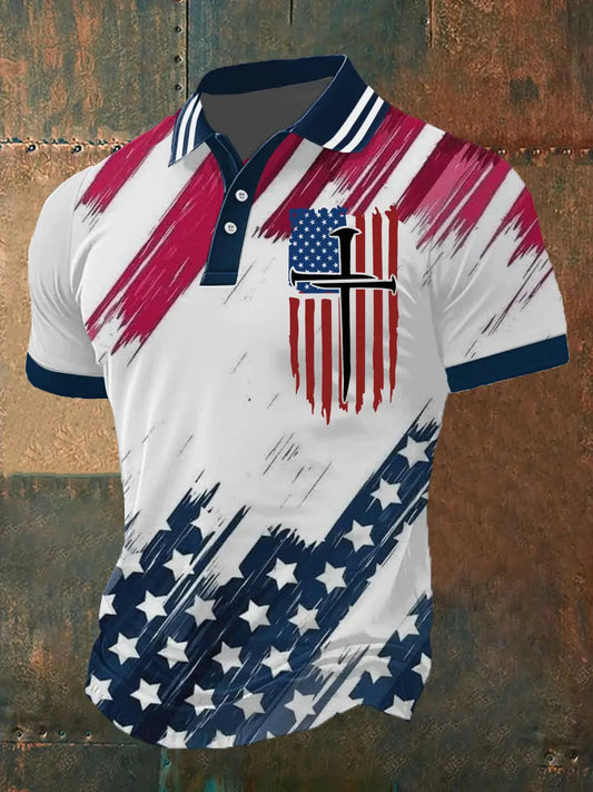 Men's American Flag Cross Short Sleeve Polo Shirt - gracestitchs