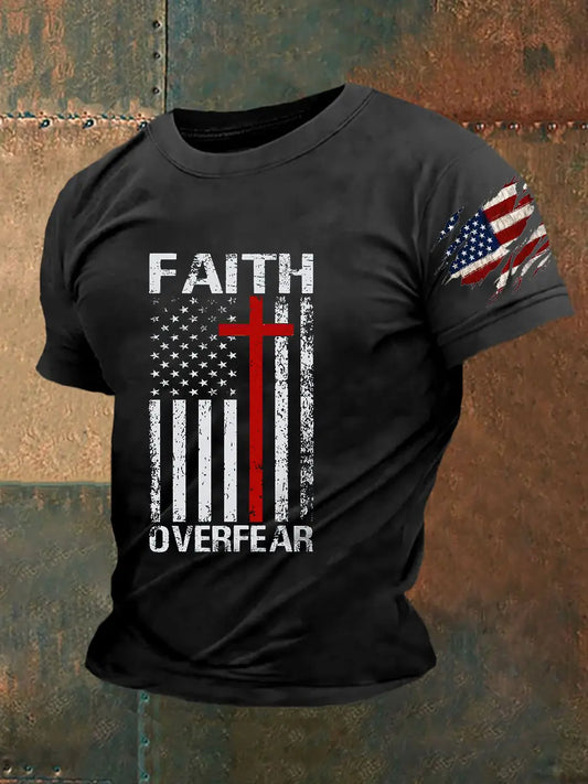 Men's Faith Over Fear American Flag Cross Short-sleeved T-shirt prairieply